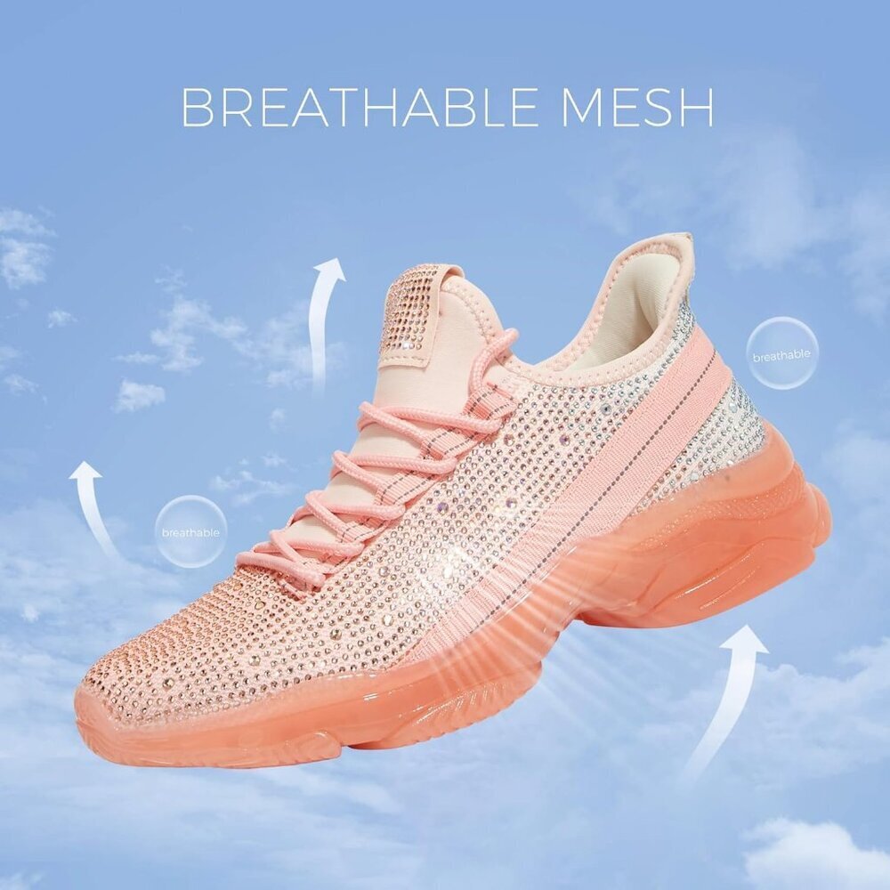Women's Nude Rhinestone Mesh Slip On Walking Breathable Spakle Glitter Sneaker - Picture 5 of 9